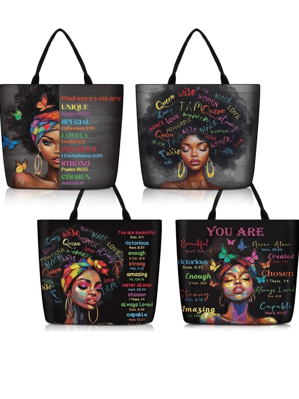 4pcs Inspirational Afrocentric Black Woman Tote Bag - Colorful